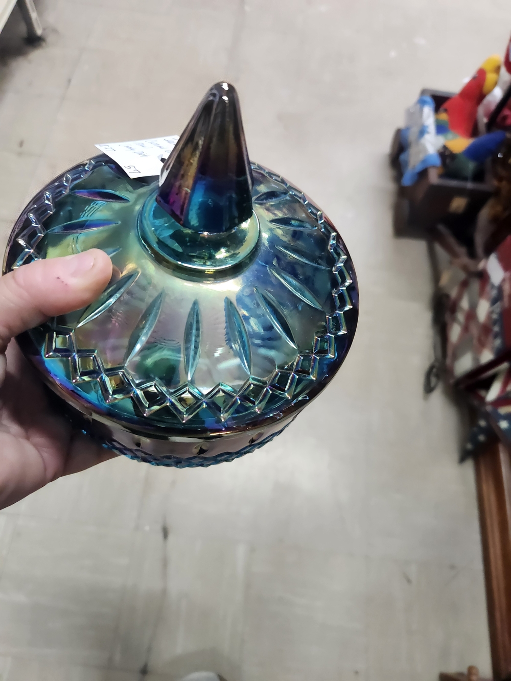 Iridescent Carnival Glass Covered Candy Dish